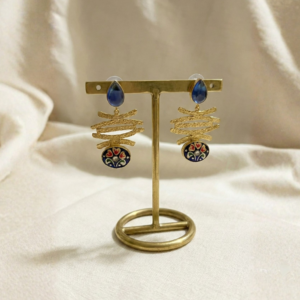 Blue Teardrop and Meenakari Disc Gold Earrings