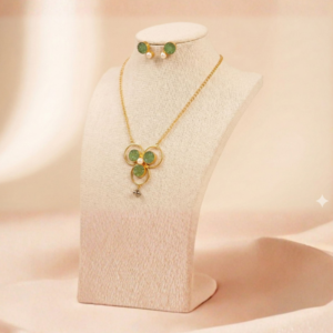 Gold Necklace with Rough Green Stone and Pearl Cluster Pendant