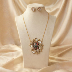 Meenakari & Mother of Pearl Necklace Set | Indian Ethnic Gold Statement Jewelry