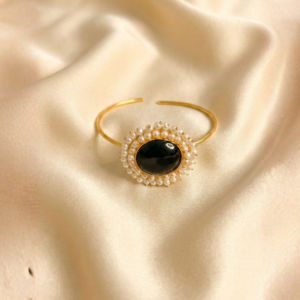 Pearl Halo Gemstone Cuff | Vintage Style Open Bangle | Gold Adjustable Bracelet