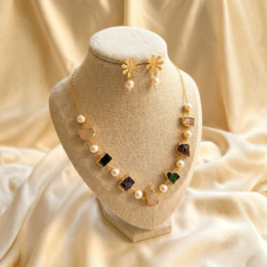 Raw Crystal & Pearl Station Necklace - Boho Gemstone Gift for Her