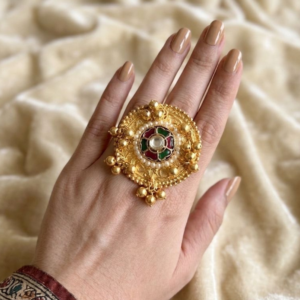 Large Traditional Kundan Statement Ring | Gold Plated Rajasthani Cocktail Ring with Red & Green Enamel