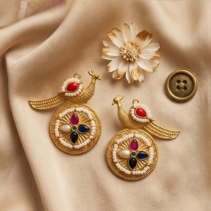 Grace your collection with the majestic beauty of our Handcrafted Peacock Mandala Statement Earrings.