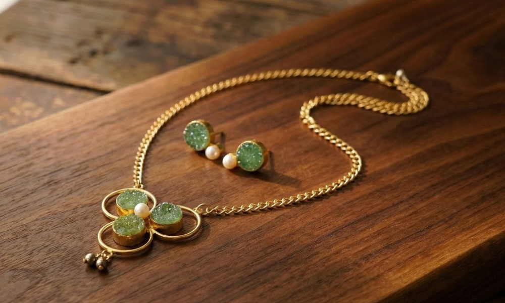 Gold Necklace with Rough Green Stone and Pearl Cluster Pendant 2